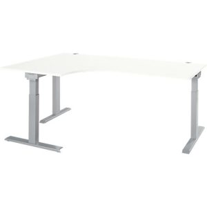 Schäfer Shop Select Winkelschreibtisch ERGO-T 2.0, 90° Winkel, Ansatz links, T-Fuß, B 2000 x T 1200/800 x H 675-895 mm, weiß/weißalu