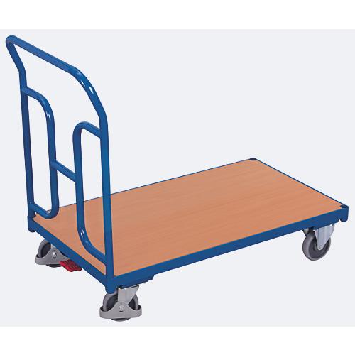 Schiebebügelwagen, Stahl/MDF-Platte, Enzianblau/Buche-Dekor, L 880 x B 500 mm, mit gebogenen Rohren, TPE-Rollen mit EasySTOP, bis 250 kg