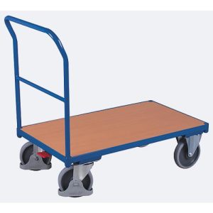 Schiebebügelwagen, Stahl/MDF-Platte, Enzianblau/Buche-Dekor, L 880 x B 500 mm, mit Querstrebe, TPE-Rollen mit EasySTOP, bis 400 kg Schiebebügelwagen, Stahl/MDF-Platte, Enzianblau/Buche-Dekor, L 880 x B 500 mm, mit Querstrebe, TPE-Rollen mit EasySTOP, bis 400 kg