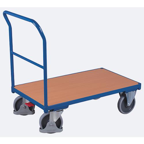 Schiebebügelwagen, Stahl/MDF-Platte, Enzianblau/Buche-Dekor, L 880 x B 500 mm, mit Querstrebe, TPE-Rollen mit EasySTOP, bis 400 kg