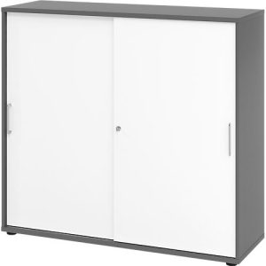 Schiebetürschrank Breno, abschließbar, Spanplatte, melaminharzbeschichtet, B 1200 x T 400 x H 1100 mm, 3 Ordnerhöhen, graphit/weiß Schiebetürschrank Breno, abschließbar, Spanplatte, melaminharzbeschichtet, B 1200 x T 400 x H 1100 mm, 3 Ordnerhöhen, graphit/weiß