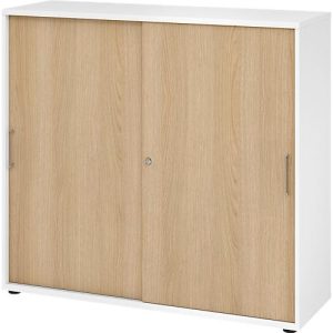 Schiebetürschrank Breno, abschließbar, Spanplatte, melaminharzbeschichtet, B 1200 x T 400 x H 1100 mm, 3 Ordnerhöhen, weiß/Eiche Schiebetürschrank Breno, abschließbar, Spanplatte, melaminharzbeschichtet, B 1200 x T 400 x H 1100 mm, 3 Ordnerhöhen, weiß/Eiche