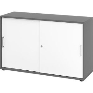 Schiebetürschrank Breno, abschließbar, Spanplatte, melaminharzbeschichtet, B 1200 x T 400 x H 748 mm, 2 Ordnerhöhen, graphit/weiß Schiebetürschrank Breno, abschließbar, Spanplatte, melaminharzbeschichtet, B 1200 x T 400 x H 748 mm, 2 Ordnerhöhen, graphit/weiß