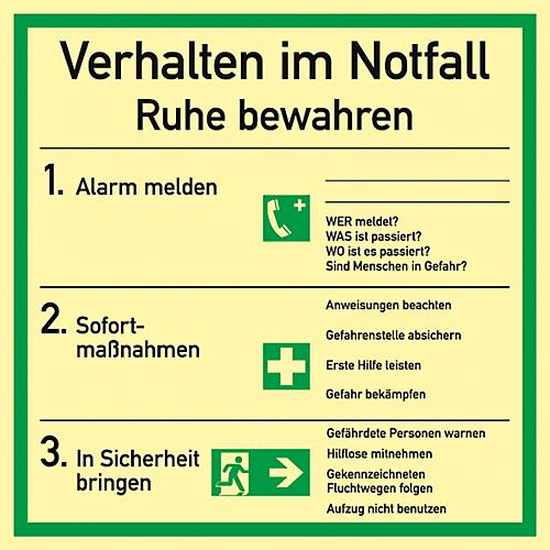 Schild mit Notfallverhaltensregeln