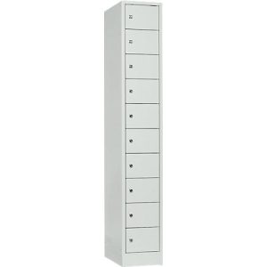 Schließfachschrank, Stahlbl., Türanschl. rechts, Zylinderschloss, 10 Fächer, B 300 x H 1800 mm, l.grau RAL 7035/l.grau RAL 7035 Schließfachschrank, Stahlbl., Türanschl. rechts, Zylinderschloss, 10 Fächer, B 300 x H 1800 mm, l.grau RAL 7035/l.grau RAL 7035