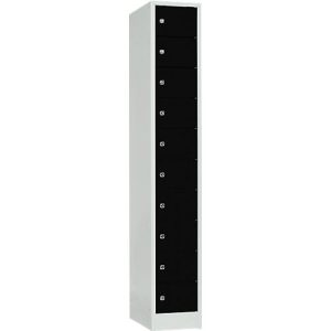 Schließfachschrank, Stahlbl., Türanschl. rechts, Zylinderschloss, 10 Fächer, B 300 x H 1800 mm, l.grau RAL 7035/t.schw. RAL 9005 Schließfachschrank, Stahlbl., Türanschl. rechts, Zylinderschloss, 10 Fächer, B 300 x H 1800 mm, l.grau RAL 7035/t.schw. RAL 9005
