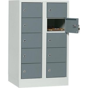 Schließfachschrank, Stahlbl., Türanschl. rechts, Zylinderschloss, 10 Fächer, B 600 x H 965 mm, l.grau RAL 7035/b.grau RAL 7031 Schließfachschrank, Stahlbl., Türanschl. rechts, Zylinderschloss, 10 Fächer, B 600 x H 965 mm, l.grau RAL 7035/b.grau RAL 7031
