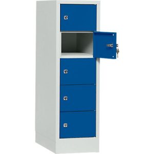 Schließfachschrank, Stahlbl., Türanschl. rechts, Zylinderschloss, 5 Fächer, B 300 x H 965 mm, l.grau RAL 7035/e.blau RAL 5010 Schließfachschrank, Stahlbl., Türanschl. rechts, Zylinderschloss, 5 Fächer, B 300 x H 965 mm, l.grau RAL 7035/e.blau RAL 5010