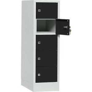 Schließfachschrank, Stahlbl., Türanschl. rechts, Zylinderschloss, 5 Fächer, B 300 x H 965 mm, l.grau RAL 7035/t.schw. RAL 9005 Schließfachschrank, Stahlbl., Türanschl. rechts, Zylinderschloss, 5 Fächer, B 300 x H 965 mm, l.grau RAL 7035/t.schw. RAL 9005