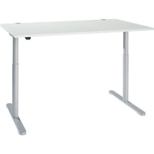 Schreibtisch, einstufig elektrisch höhenverstellbar, T-Fuß Rundrohr, B 1600 x T 800 x H 710-1180 mm, lichtgrau/weißaluminium Schreibtisch, einstufig elektrisch höhenverstellbar, T-Fuß Rundrohr, B 1600 x T 800 x H 710-1180 mm, lichtgrau/weißaluminium