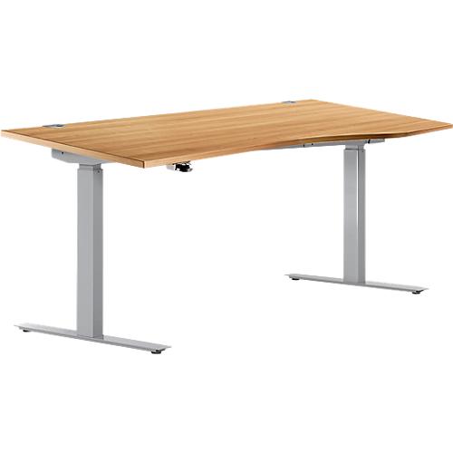 Schreibtisch ERGO DRIVE ED 470, elektrisch höhenverstellbar, Freiform, Ansatz rechts, T-Fuß, B 1800 x T 1000 x H 692-1147 mm, Buche/weißalu
