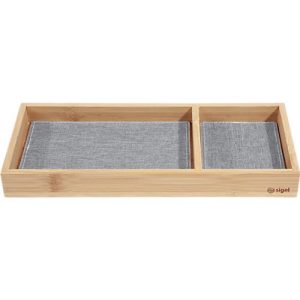 Schreibtisch Organizer Sigel Eyestyle, rechteckig, 2 Fächer, Textileinlagen aus Recycling PET, hellgrau/schwarz, B 245 x T 109 x H 25 mm, Bambusholz Schreibtisch Organizer Sigel Eyestyle, rechteckig, 2 Fächer, Textileinlagen aus Recycling PET, hellgrau/schwarz, B 245 x T 109 x H 25 mm, Bambusholz