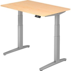 Schreibtisch TOPAS LINE, elektrisch höhenverstellbar, C-Fuß, B 1200 x T 800 x H 650-1300 mm, Ahorn/weißaluminium + Memoryschalter, Kabelkanal