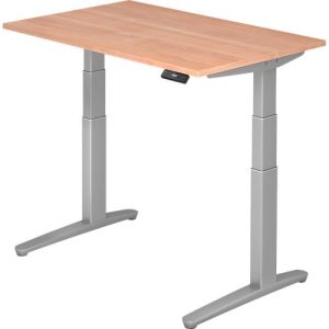 Schreibtisch TOPAS LINE, elektrisch höhenverstellbar, C-Fuß, B 1200 x T 800 x H 650-1300 mm, Nussbaum/weißaluminium + Memoryschalter, Kabelkanal