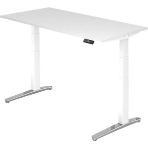 Schreibtisch TOPAS LINE, elektrisch höhenverstellbar, C-Fuß, B 1600 x T 800 x H 650-1300 mm, weiß/alusilber + Memoryschalter, Kabelkanal