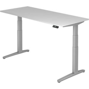 Schreibtisch TOPAS LINE, elektrisch höhenverstellbar, C-Fuß, B 1800 x T 800 x H 650-1300 mm, lichtgrau/weißaluminium + Memoryschalter, Kabelkanal