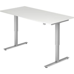 Schreibtisch ULM, elektrisch höhenverstellbar, Rechteck, T-Fuß, B 1600 x T 800 x H 720-1190 mm, lichtgrau/alusilber + Kabelwanne Schreibtisch ULM, elektrisch höhenverstellbar, Rechteck, T-Fuß, B 1600 x T 800 x H 720-1190 mm, lichtgrau/alusilber + Kabelwanne