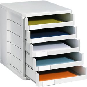 Schubladenbox, 5 Schübe, DIN A4, Polystyrol, lichtgrau Schubladenbox, 5 Schübe, DIN A4, Polystyrol, lichtgrau
