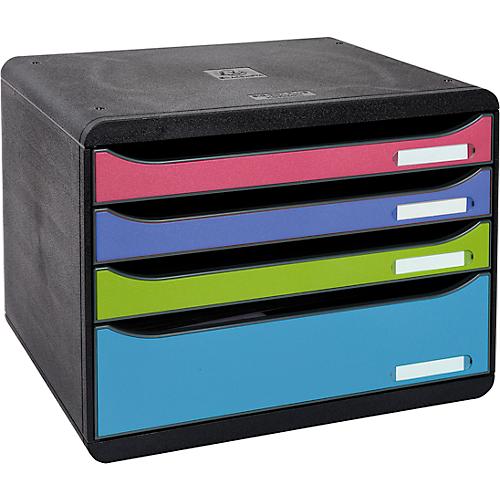Schubladenbox Exacompta BIG BOX PLUS, quer, A4+, 4 mehrfarbige & halboffene Schubladen mit Auszugstopp, Griffmulde & Etikettenhalter, PS
