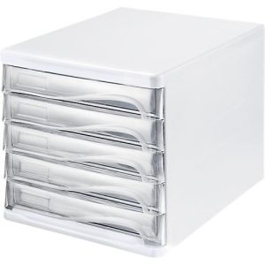 Schubladenbox helit, 5 Schübe, DIN A4, B 265 x H 250 x T 340 mm, Polypropylen, Gehäuse weiß/Schublade glasklar Schubladenbox helit, 5 Schübe, DIN A4, B 265 x H 250 x T 340 mm, Polypropylen, Gehäuse weiß/Schublade glasklar