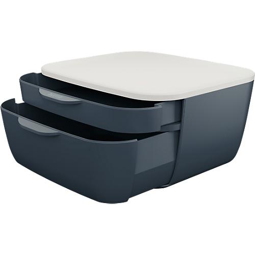 Schubladenbox Leitz® Cosy, lebensmittelecht, für A4 und A5, 2 Schübe, mit Gummifüßchen, B 251 x T 275 x H 143 mm, grau