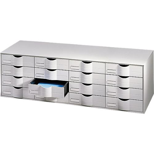 Schubladenbox Paperflow, A4, 16 Schübe, Teilauszug, geschlossene Fronten, Griffmulde & Etikettenhalter, Etiketten, B 1075 x T 342 x H 329 mm, PS, grau