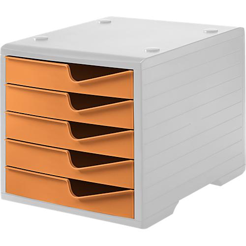 Schubladenbox styro® styroswing, 5 Schübe, Auszugsperre & Griffmulde, stapelbar, B 270 x T 340 x H 255 mm, Polystyrol, grau-apricot