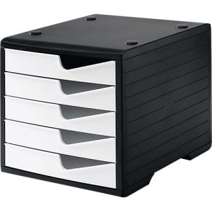 Schubladenbox styro® styroswing, 5 Schübe, Auszugsperre & Griffmulde, stapelbar, B 270 x T 340 x H 255 mm, Polystyrol, schwarz-weiß Schubladenbox styro® styroswing, 5 Schübe, Auszugsperre & Griffmulde, stapelbar, B 270 x T 340 x H 255 mm, Polystyrol, schwarz-weiß