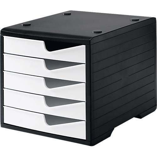 Schubladenbox styro® styroswing, 5 Schübe, Auszugsperre & Griffmulde, stapelbar, B 270 x T 340 x H 255 mm, Polystyrol, schwarz-weiß