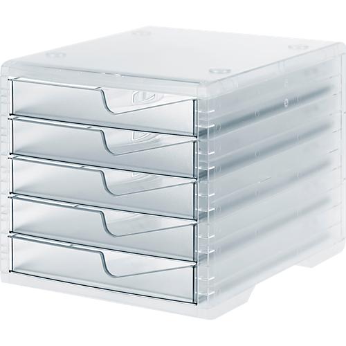 Schubladenbox styro® styroswing light, 5 Schübe, Auszugsperre & Griffmulde, stapelbar, B 270 x T 340 x H 255 mm, Polystyrol, transparent-transparent