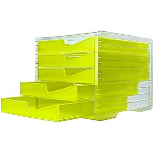 Schubladenbox styro® styroswing NEONline, 5 Schübe, Auszugsperre & Griffmulde, stapelbar, B 270 x T 340 x H 255 mm, Polystyrol, transparent-neongelb Schubladenbox styro® styroswing NEONline, 5 Schübe, Auszugsperre & Griffmulde, stapelbar, B 270 x T 340 x H 255 mm, Polystyrol, transparent-neongelb