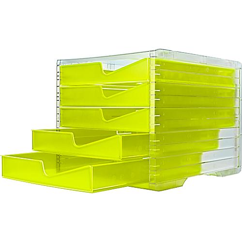 Schubladenbox styro® styroswing NEONline, 5 Schübe, Auszugsperre & Griffmulde, stapelbar, B 270 x T 340 x H 255 mm, Polystyrol, transparent-neongelb