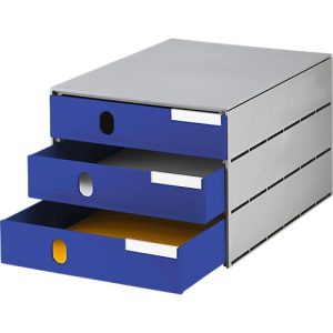 Schubladenbox Styro Styroval, für Formate bis C4, 3 geschlossene Schübe, Recyclingmaterial, blau/grau Schubladenbox Styro Styroval, für Formate bis C4, 3 geschlossene Schübe, Recyclingmaterial, blau/grau