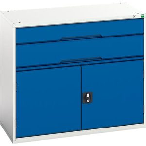 Schubladenschrank Bott verso, 2 Schübe, bis 75 kg je Schub, Flügeltür, Vollauszug, B 1050 x T 550 x H 900 mm, Stahlblech, Grau-Blau Schubladenschrank Bott verso, 2 Schübe, bis 75 kg je Schub, Flügeltür, Vollauszug, B 1050 x T 550 x H 900 mm, Stahlblech, Grau-Blau