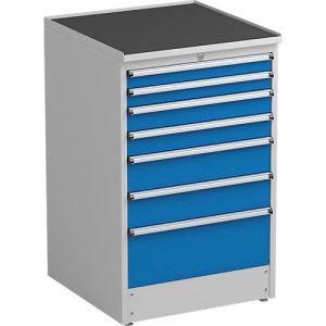 Schubladenschrank Treston, 7 Schubladen, abschließbar, B 715 x T 715 x H 1100 mm, Stahl, lichtgrau RAL 7035/blau RAL 5007 Schubladenschrank Treston, 7 Schubladen, abschließbar, B 715 x T 715 x H 1100 mm, Stahl, lichtgrau RAL 7035/blau RAL 5007