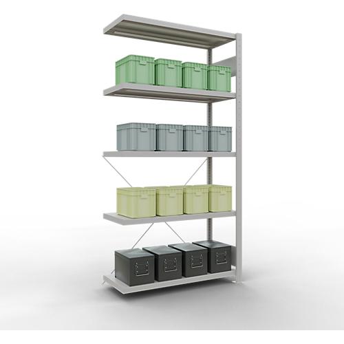 Schulte Lagertechnik Fachbodenregal Stecksystem MultiPlus250, Anbauregal, 5 Fachböden, Kreuzstrebe, B 1000 x T 400 x H 2000 mm, Lichtgrau RAL 7035