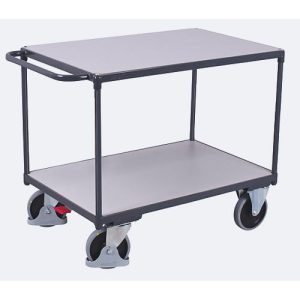 Schwerer ESD-Tischwagen, Stahl/Spanplatte, Graphitgrau/Lichtgrau, 2 Etagen, L 850 x B 500 mm, TPE-Rollen mit EasySTOP, bis 400 kg Schwerer ESD-Tischwagen, Stahl/Spanplatte, Graphitgrau/Lichtgrau, 2 Etagen, L 850 x B 500 mm, TPE-Rollen mit EasySTOP, bis 400 kg