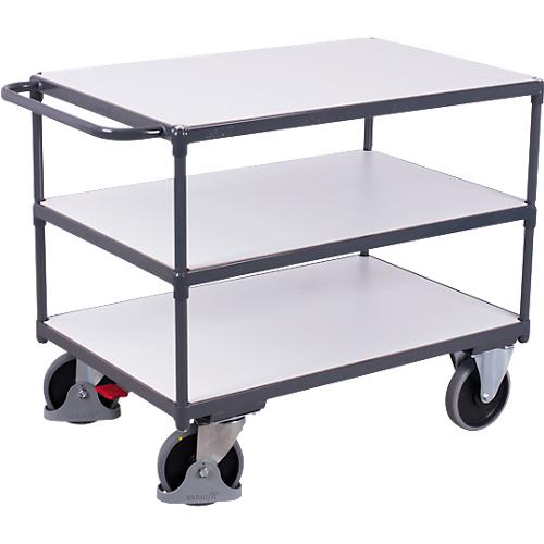 Schwerer ESD-Tischwagen, Stahl/Spanplatte, Graphitgrau/Lichtgrau, 3 Etagen, L 850 x B 500 mm, TPE-Rollen mit EasySTOP, bis 400 kg