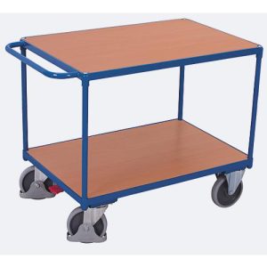 Schwerer Tischwagen, Stahl/MDF-Platte, Enzianblau/Buche-Dekor, 2 Etagen, L 850 x B 500 mm, TPE-Rollen mit EasySTOP, bis 400 kg Schwerer Tischwagen, Stahl/MDF-Platte, Enzianblau/Buche-Dekor, 2 Etagen, L 850 x B 500 mm, TPE-Rollen mit EasySTOP, bis 400 kg