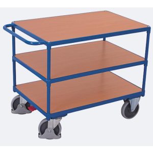 Schwerer Tischwagen, Stahl/MDF-Platte, Enzianblau/Buche-Dekor, 3 Etagen, L 850 x B 500 mm, TPE-Rollen mit EasySTOP, bis 400 kg Schwerer Tischwagen, Stahl/MDF-Platte, Enzianblau/Buche-Dekor, 3 Etagen, L 850 x B 500 mm, TPE-Rollen mit EasySTOP, bis 400 kg