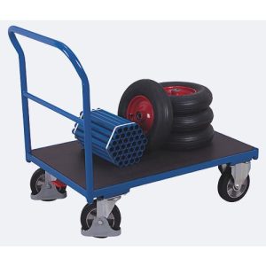 Schwerlastwagen, Stahl/Siebdruckplatte, Enzianblau/Dunkelbraun, L 2025 x B 800 mm, mit Querstrebe, Vollgummi-Rollen mit EasySTOP, bis 1000 kg Schwerlastwagen, Stahl/Siebdruckplatte, Enzianblau/Dunkelbraun, L 2025 x B 800 mm, mit Querstrebe, Vollgummi-Rollen mit EasySTOP, bis 1000 kg