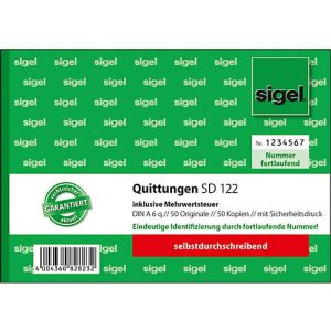 Sigel Quittungsformular SD122, mit MwSt., DIN A6 quer, 2 x 50 Blatt Sigel Quittungsformular SD122, mit MwSt., DIN A6 quer, 2 x 50 Blatt