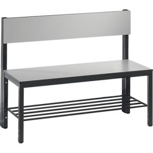 Sitzbank Basic Plus, 1-seitig, Rückenlehne, mit Schuhrost, 4-Fußgestell schwarzgrau RAL 7021, B 1000 mm, Dekor silbergrau Sitzbank Basic Plus, 1-seitig, Rückenlehne, mit Schuhrost, 4-Fußgestell schwarzgrau RAL 7021, B 1000 mm, Dekor silbergrau