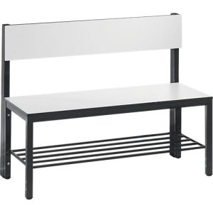 Sitzbank Basic Plus, 1-seitig, Rückenlehne, mit Schuhrost, 4-Fußgestell schwarzgrau RAL 7021, B 1000 mm, Dekor weiß Sitzbank Basic Plus, 1-seitig, Rückenlehne, mit Schuhrost, 4-Fußgestell schwarzgrau RAL 7021, B 1000 mm, Dekor weiß