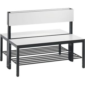 Sitzbank Basic Plus, 2-seitig, mit Rückenlehne & Schuhrost, 4-Fußgestell schwarzgrau RAL 7021, B 1000 mm, Dekor silbergrau Sitzbank Basic Plus, 2-seitig, mit Rückenlehne & Schuhrost, 4-Fußgestell schwarzgrau RAL 7021, B 1000 mm, Dekor silbergrau