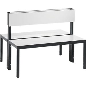 Sitzbank Basic Plus, 2-seitig, Rückenlehne, ohne Schuhrost, 4-Fußgestell schwarzgrau RAL 7021, B 1000 mm, Dekor weiß Sitzbank Basic Plus, 2-seitig, Rückenlehne, ohne Schuhrost, 4-Fußgestell schwarzgrau RAL 7021, B 1000 mm, Dekor weiß
