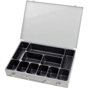 Sortimentskoffer ADB, leer, 11-fache Einteilung, abschließbar, mit Griff, B 330 x T 230 x H 50 mm, Stahl & ABS-Kunststoff, lichtgrau RAL 7035 Sortimentskoffer ADB, leer, 11-fache Einteilung, abschließbar, mit Griff, B 330 x T 230 x H 50 mm, Stahl & ABS-Kunststoff, lichtgrau RAL 7035