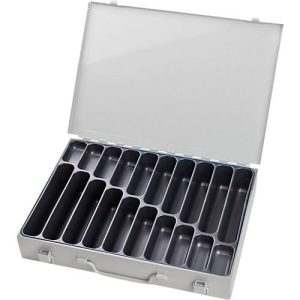 Sortimentskoffer ADB, leer, 20-fache Einteilung, abschließbar, mit Griff, B 330 x T 230 x H 50 mm, Stahl & ABS-Kunststoff, lichtgrau RAL 7035 Sortimentskoffer ADB, leer, 20-fache Einteilung, abschließbar, mit Griff, B 330 x T 230 x H 50 mm, Stahl & ABS-Kunststoff, lichtgrau RAL 7035