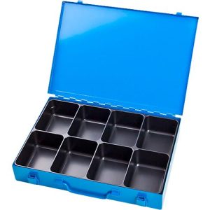 Sortimentskoffer ADB, leer, 8-fache Einteilung, abschließbar, mit Griff, B 330 x T 230 x H 50 mm, Stahl & ABS-Kunststoff, lichtblau RAL 5012 Sortimentskoffer ADB, leer, 8-fache Einteilung, abschließbar, mit Griff, B 330 x T 230 x H 50 mm, Stahl & ABS-Kunststoff, lichtblau RAL 5012