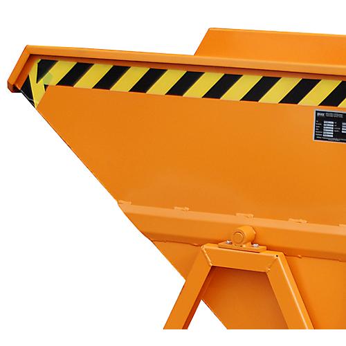 Späne-Kippmulde Bauer SKS 400, Stahl, orange, B 1220 x T 1050 x H 1115 mm, 400 l, bis 1000 kg, Rollen, Ablasshahn, Manuelle Kippvorrichtung